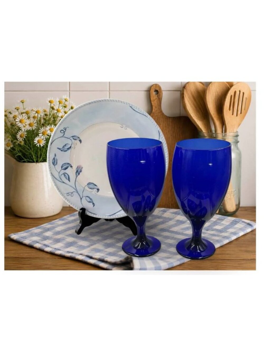 Libbey Premiere Cobalt Blue Tulip Goblets Set of 2 Vintage 1990s Blue Glassware - Picture 6 of 6